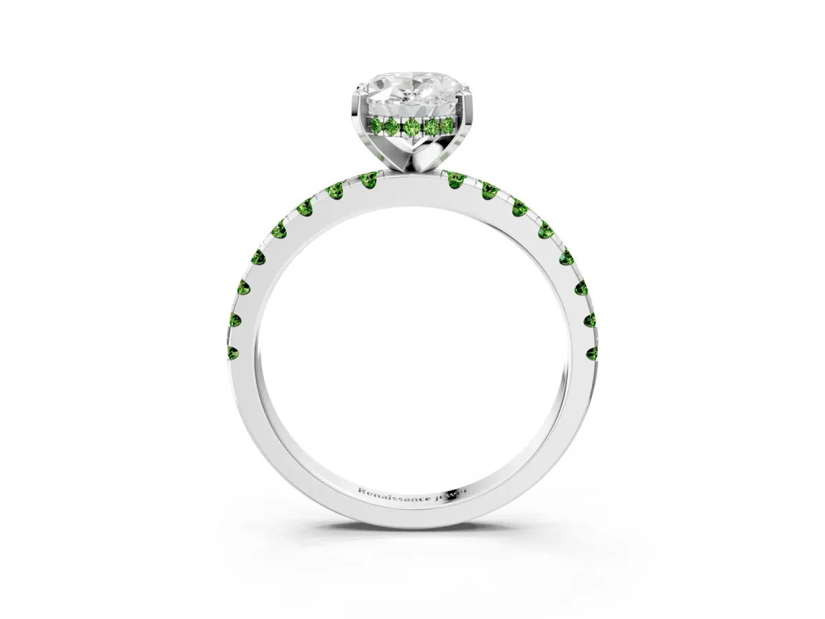 Oval Cut Diamond Solitaire Ring with Round Peridot Pavé Band and Four-Prong Setting Silver