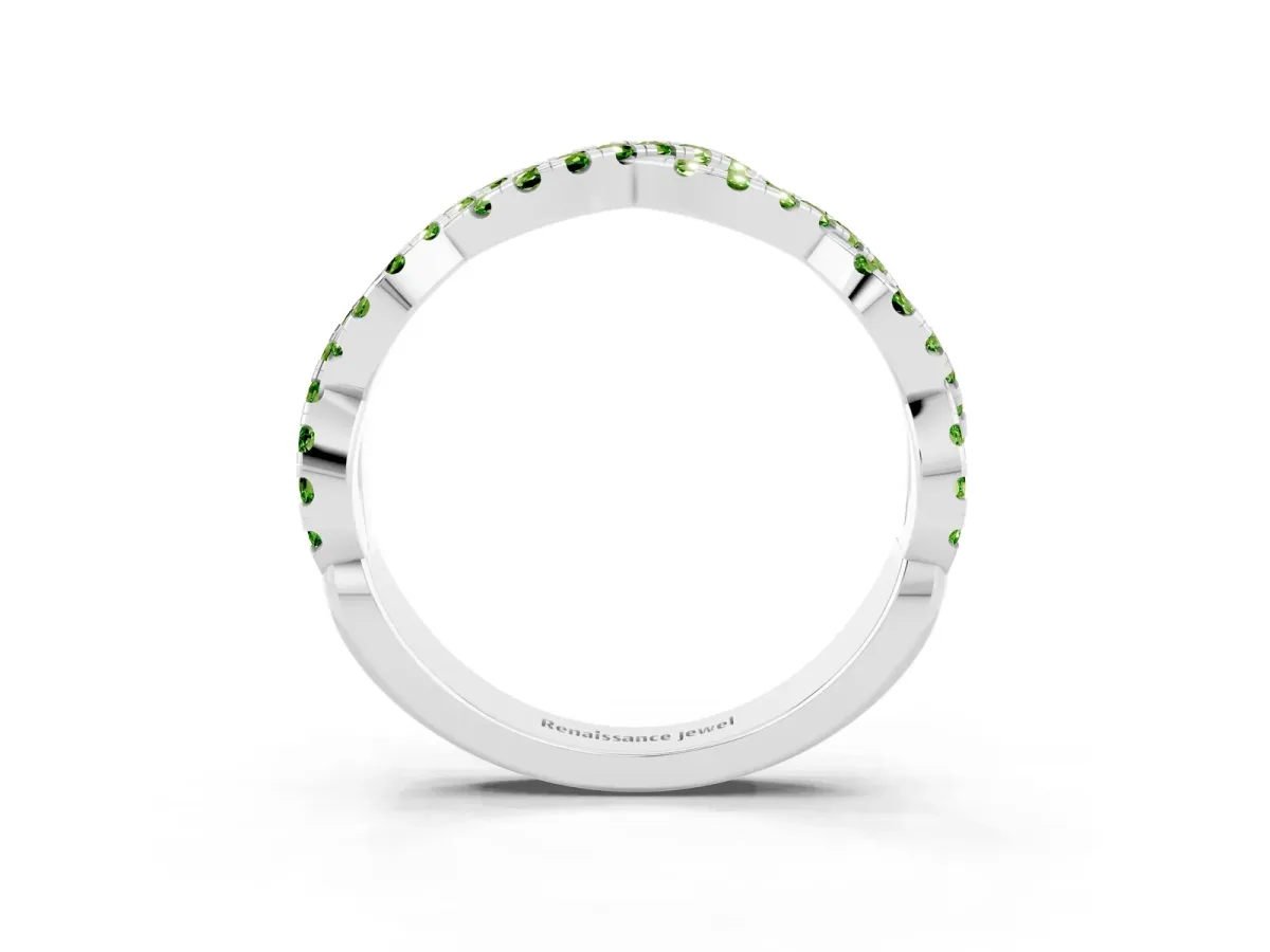 Round Peridot Twisted Eternity Band with Pavé and Shared Prong Setting Silver