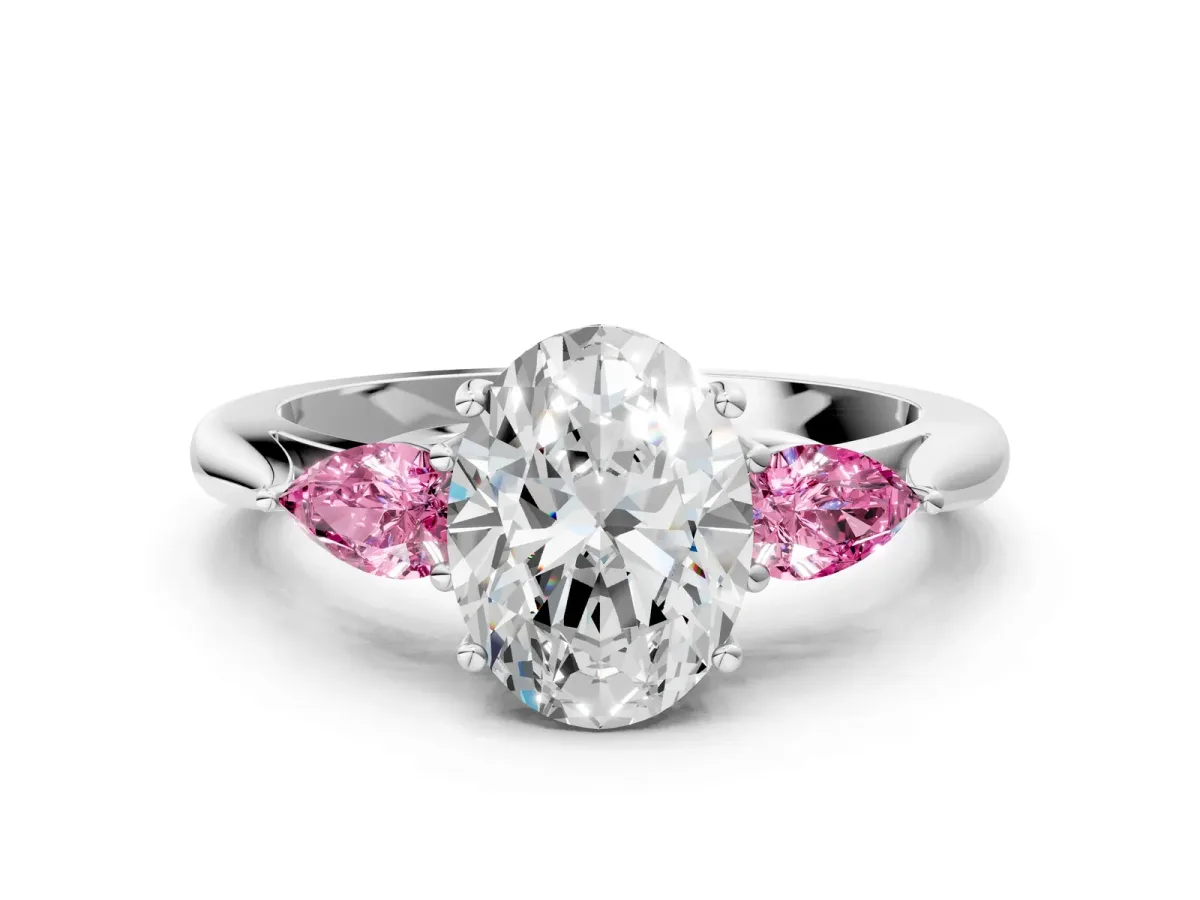 Oval Cut Diamond Three-Stone Ring with Pear Pink Sapphire Side Stones and Prong Setting Silver