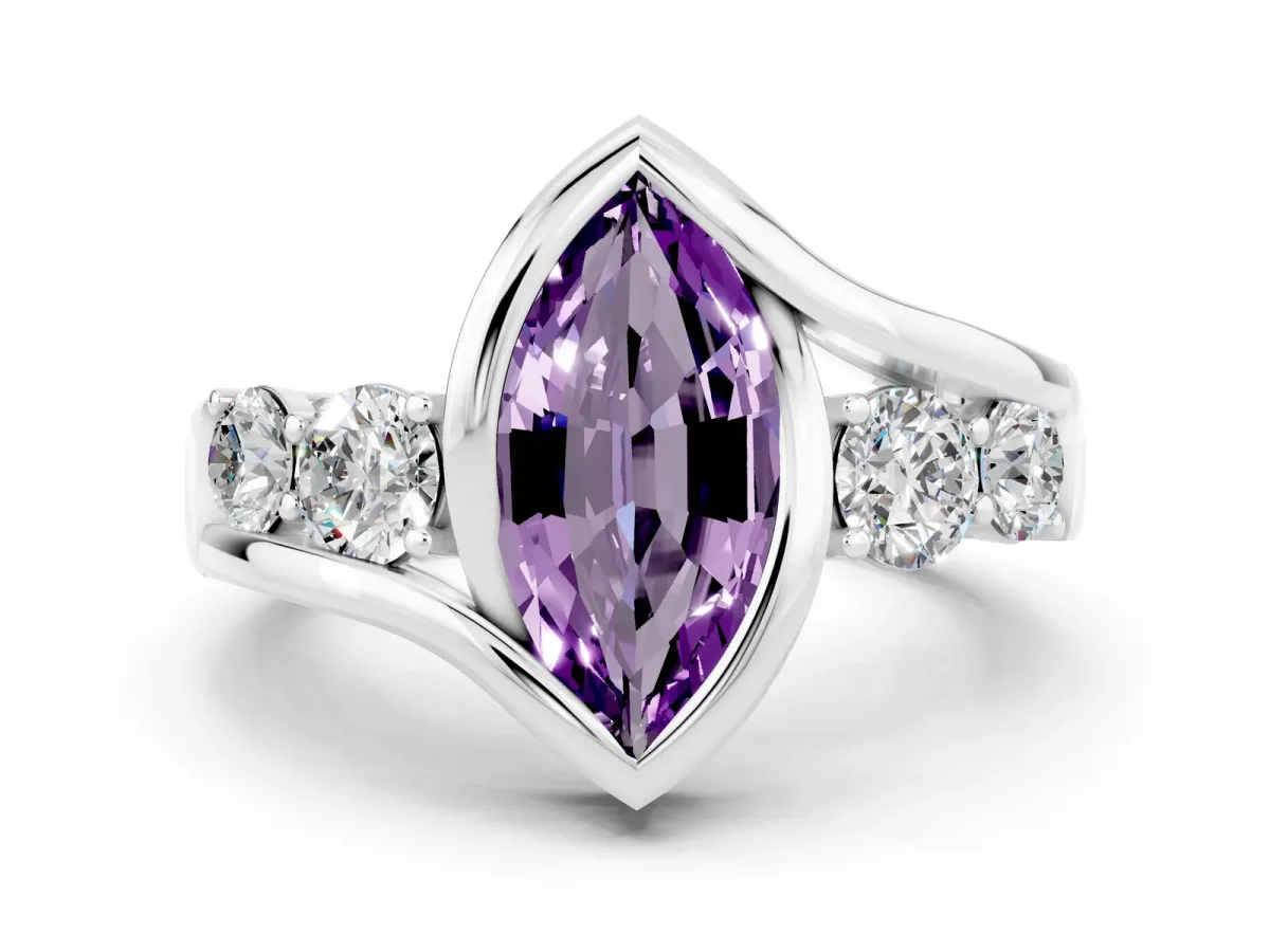 Bezel Set Marquise Cut Amethyst Bypass Ring with Round Accents Silver