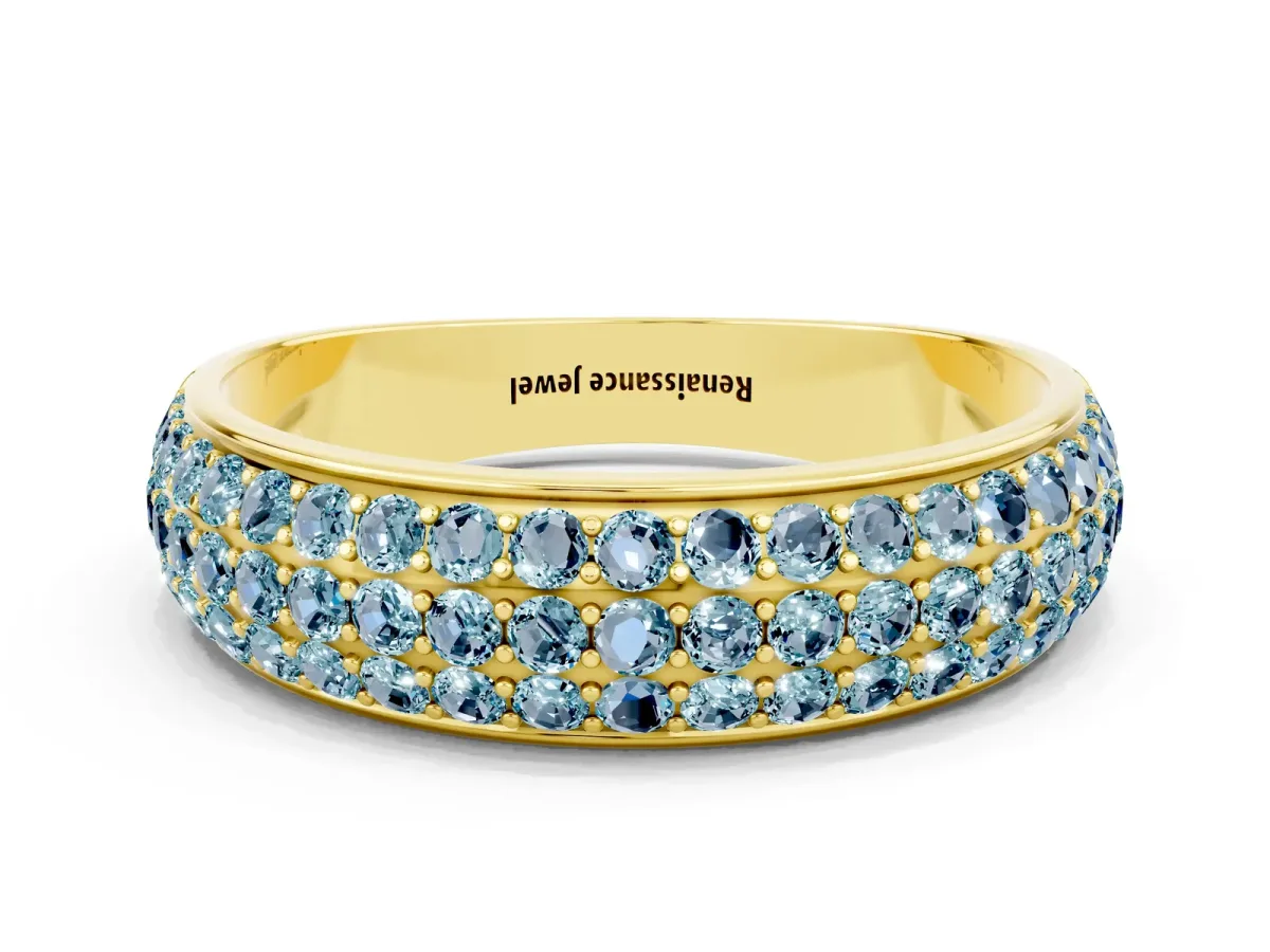 Three-Row Round Aquamarine Eternity Band with Shared Prong Setting Yellow gold