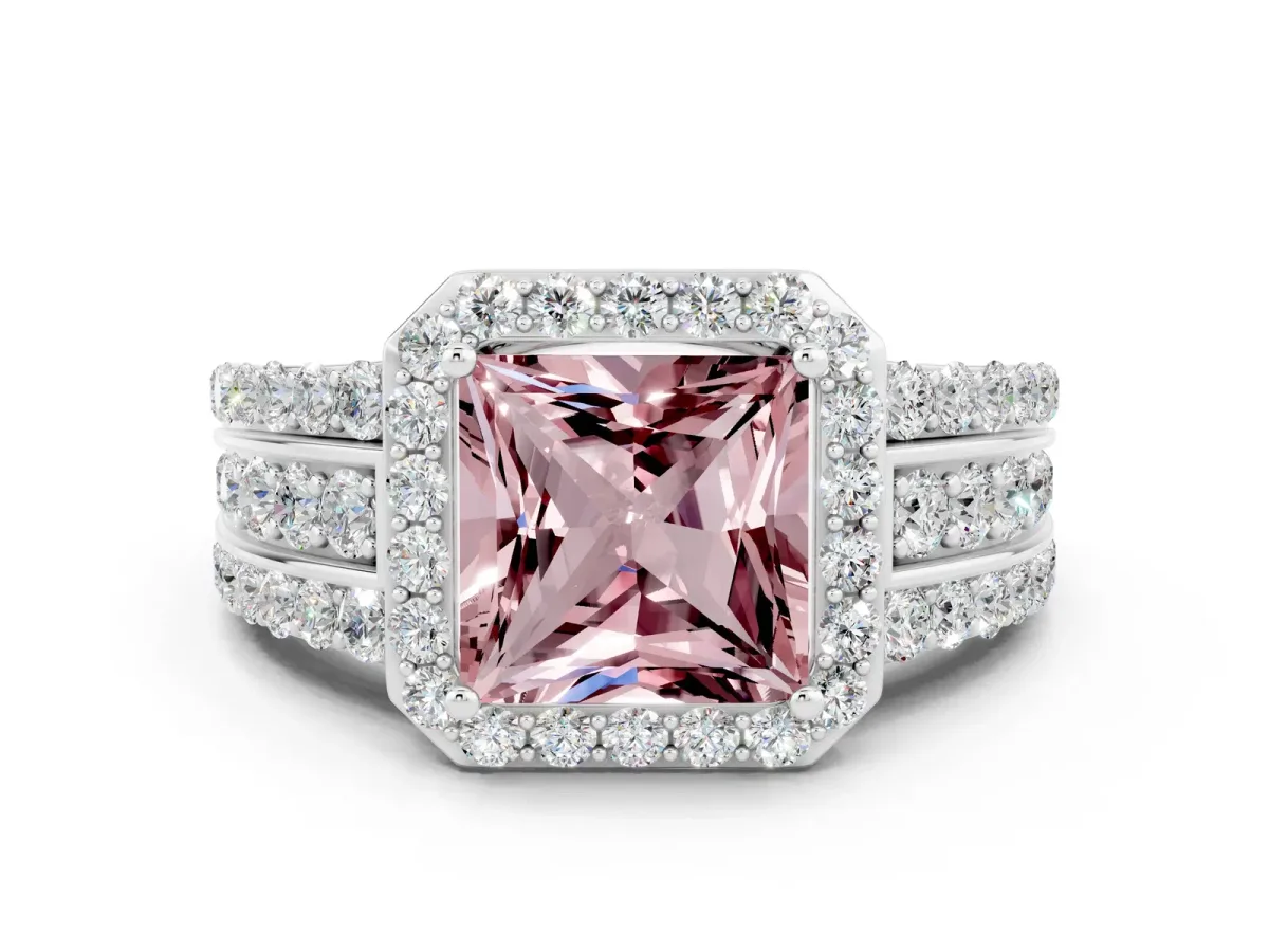 Princess Cut Halo Morganite Ring with Round Split Shank and Prong Setting Silver