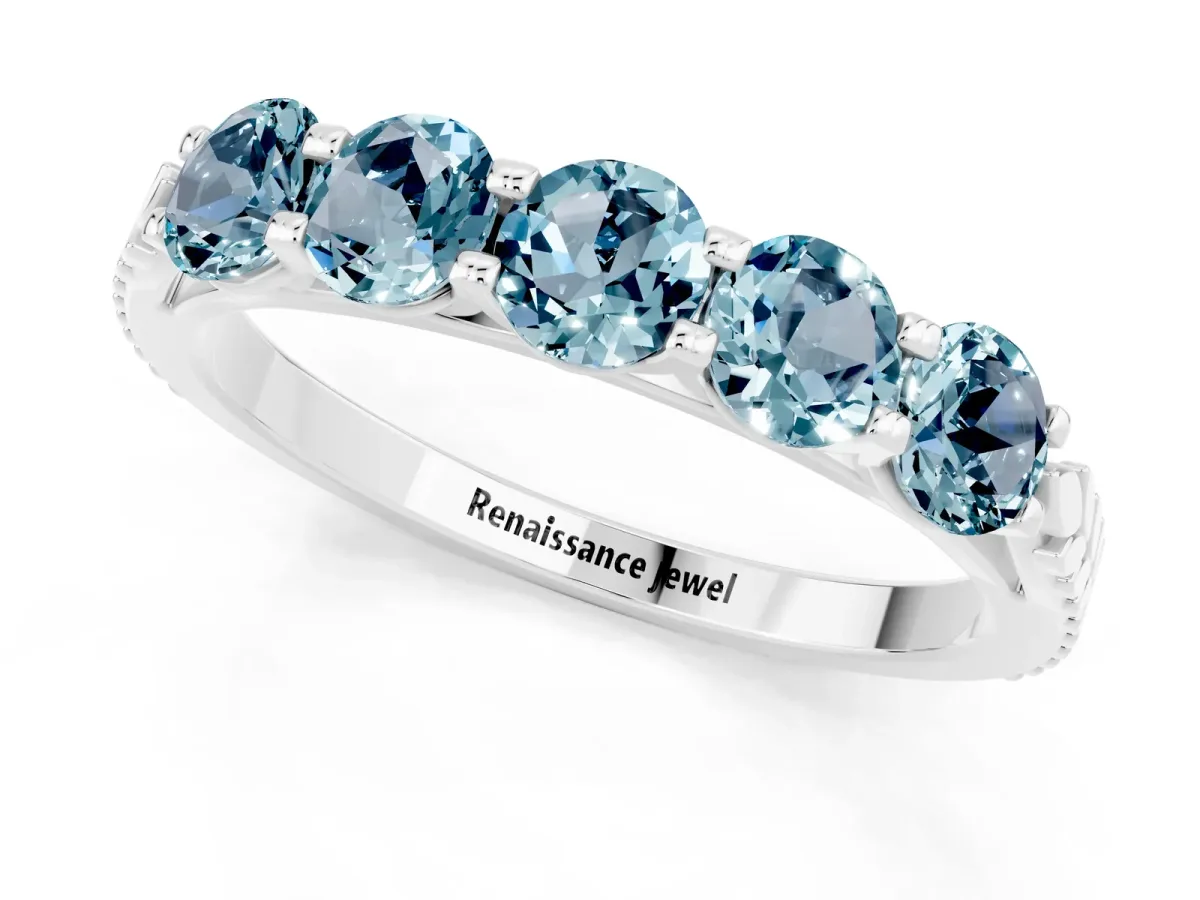 Five-Stone Round Aquamarine Prong-Set Band Silver