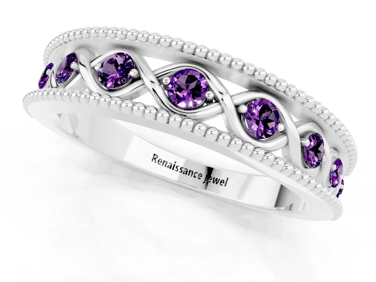 Round Amethyst Twist Milgrain Band with Bezel Setting Platinum