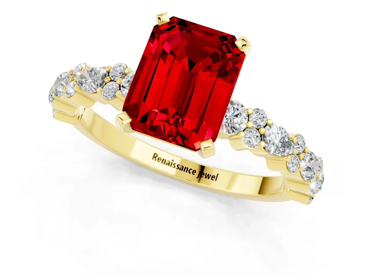 Emerald Cut Ruby Side Stone Solitaire Ring with Round and Four-Prong Setting Yellow gold