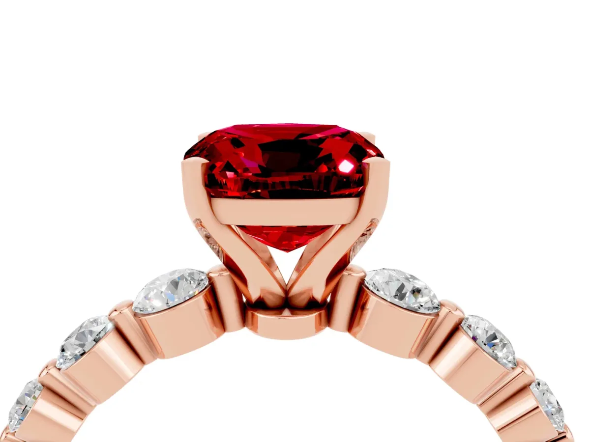 Cushion Cut Solitaire Ruby Ring with Pave Band and Four-Prong Setting Rose gold