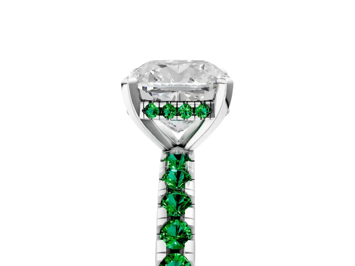 Cushion Cut Diamond Solitaire Ring with Round Emerald Pavé Band and Four-Prong Setting Silver