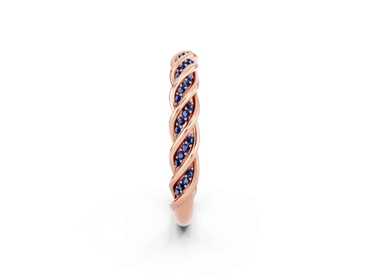 Twisted Pavé Round Blue Sapphire Eternity Band with Shared Prong Setting Rose gold