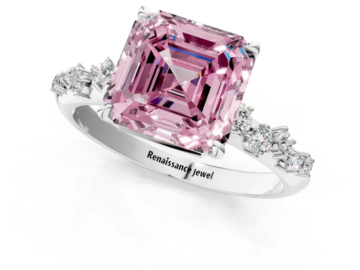 Fancy Pink Asscher Cut Diamond Cluster Side Stone Solitaire Ring with Prong Setting Platinum