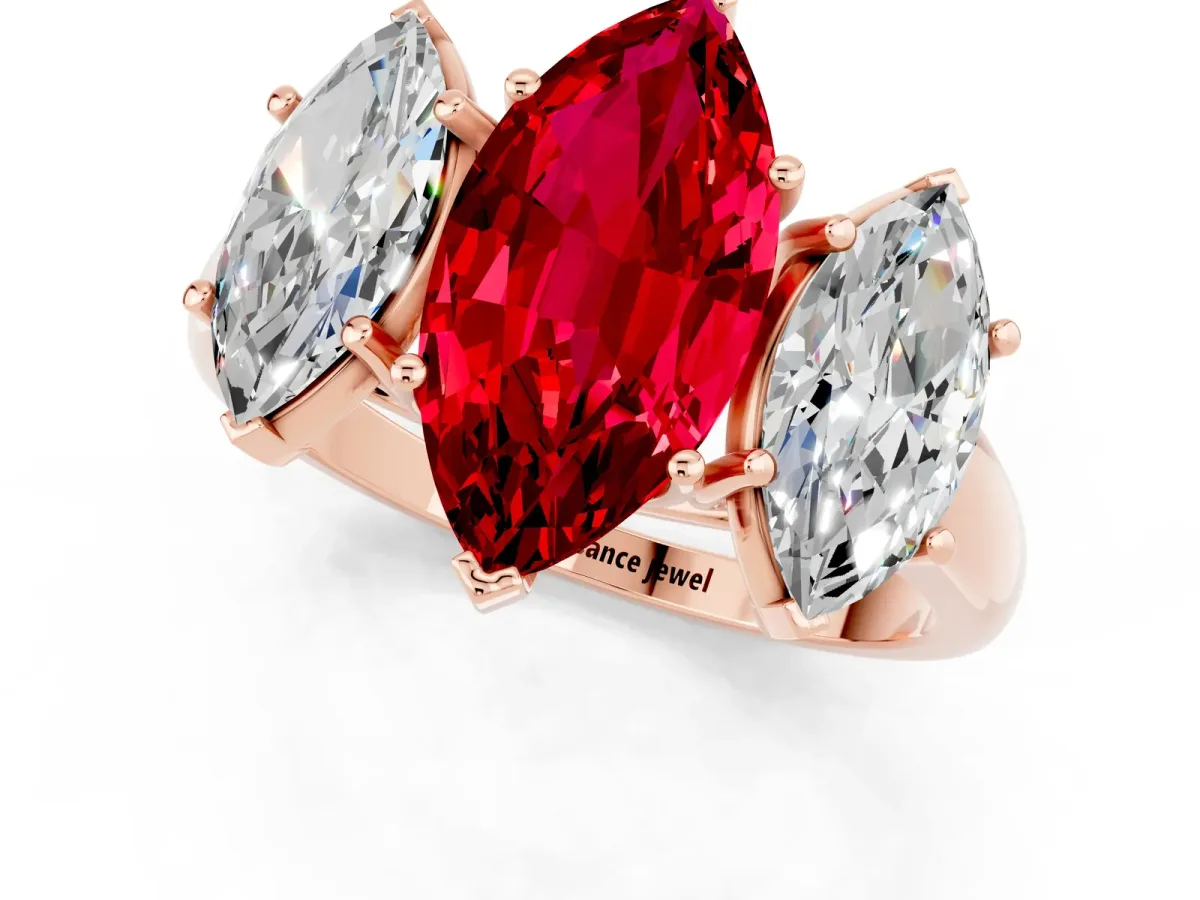 Three-Stone Marquise Cut Ruby Engagement Ring with Prong Setting Rose gold