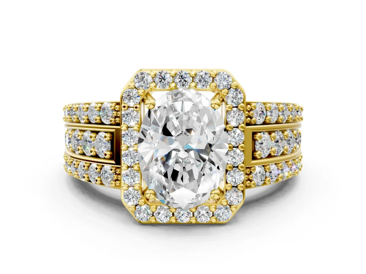 Oval Cut Halo Diamond Ring with Round Split Shank and Prong Setting Yellow gold