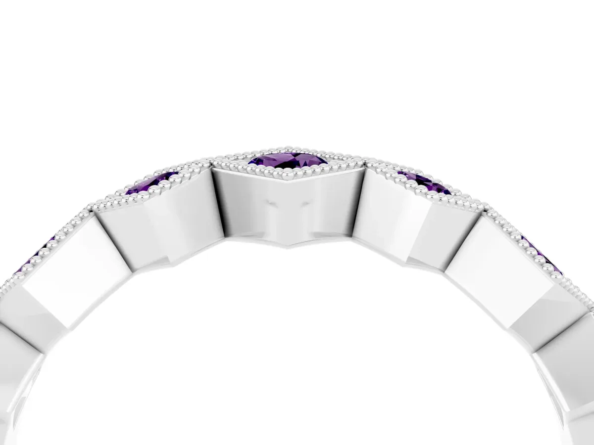 Milgrain Square Bezel Round Amethyst Chevron Band Platinum