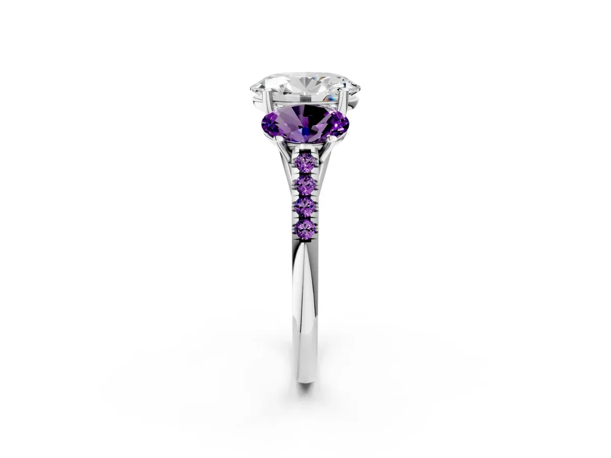 Three-Stone Oval Cut Diamond Ring with Round Amethyst Pavé Band and Prong Setting Silver