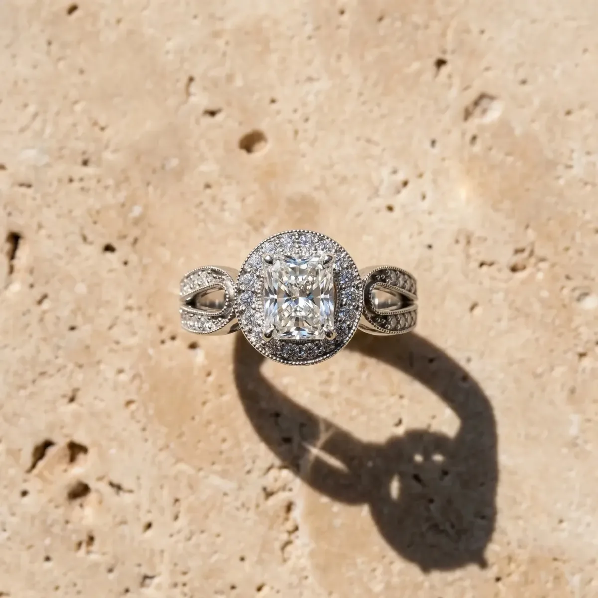 Radiant Cut Halo Split Shank Milgrain Diamond Ring Silver