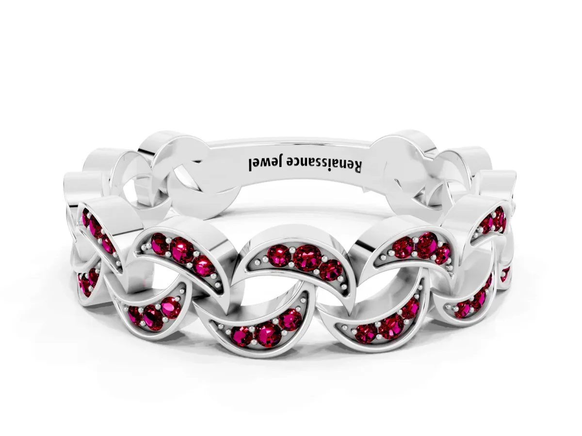 Pavé Round Garnet Interlocking Eternity Band with Bezel Prong Setting White gold
