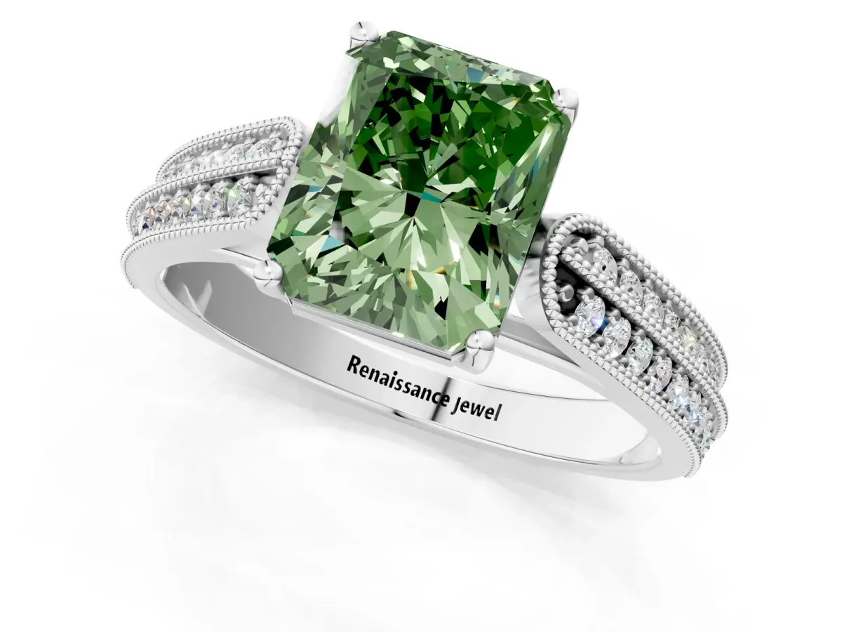 Fancy Green Radiant Cut Cut Pave Split Shank Engagement Ring with Four-Prong Setting Platinum