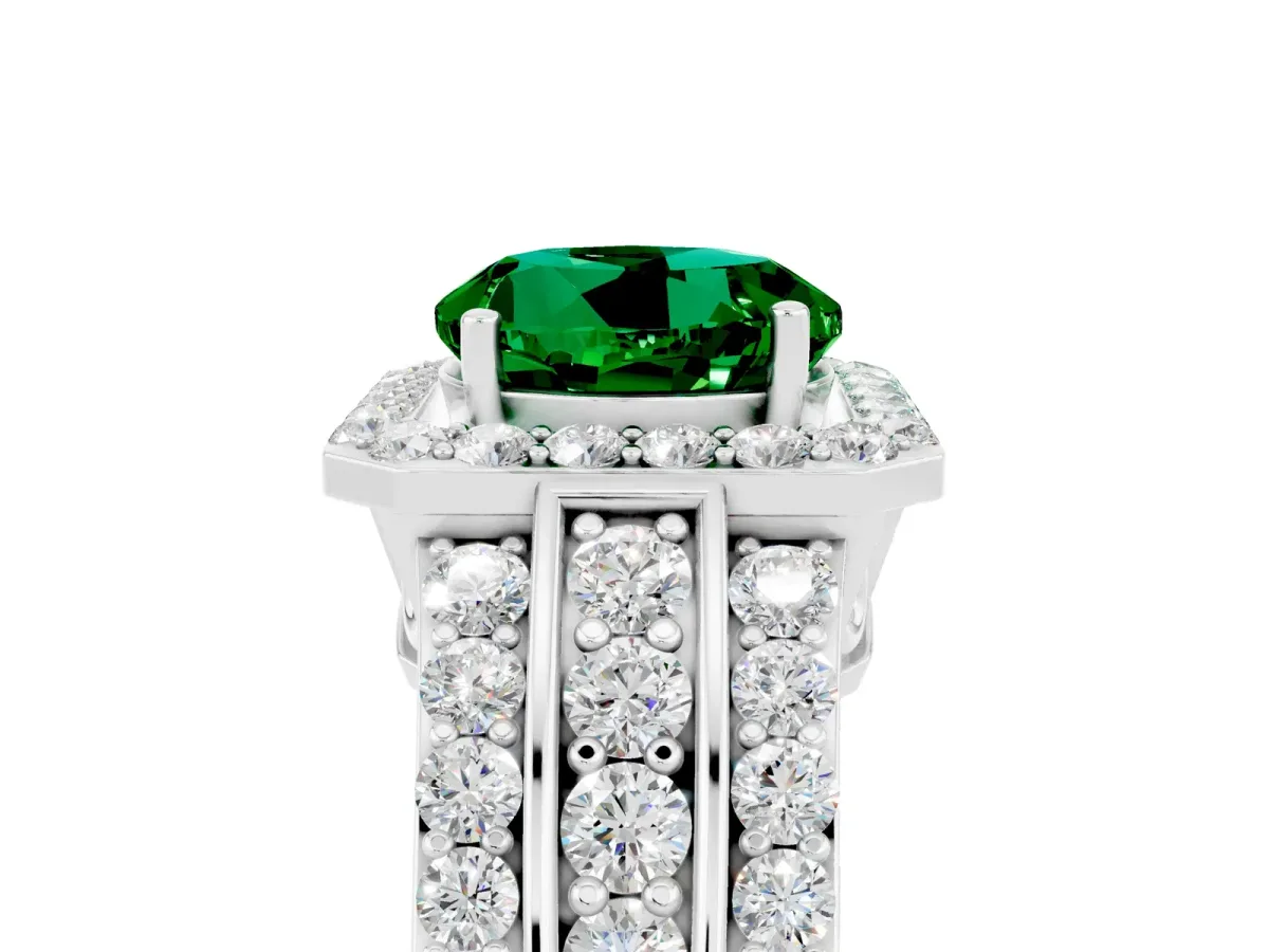 Round Cut Halo Emerald Ring with Round Split Shank and Prong Setting Silver