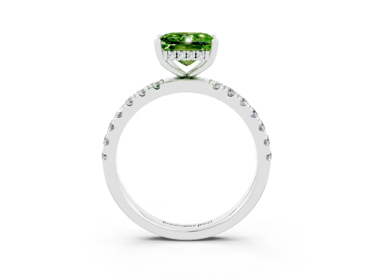 Princess Cut Peridot Pave Band Solitaire Ring with Round and Prong Setting Platinum