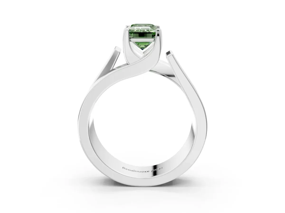 Fancy Green Modern Tension Set Emerald Cut Diamond Solitaire Wide Band Ring Platinum