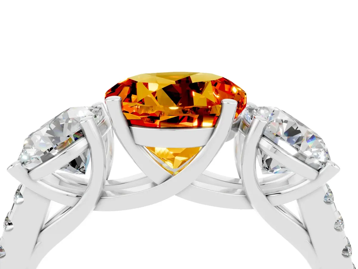 Three-Stone Round Cut Citrine Ring with Round Pavé Band and Prong Setting White gold