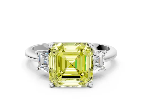 Fancy Yellow Asscher Cut Diamond Three-Stone Ring with Trapezoid Side Stones and Prong Setting Platinum