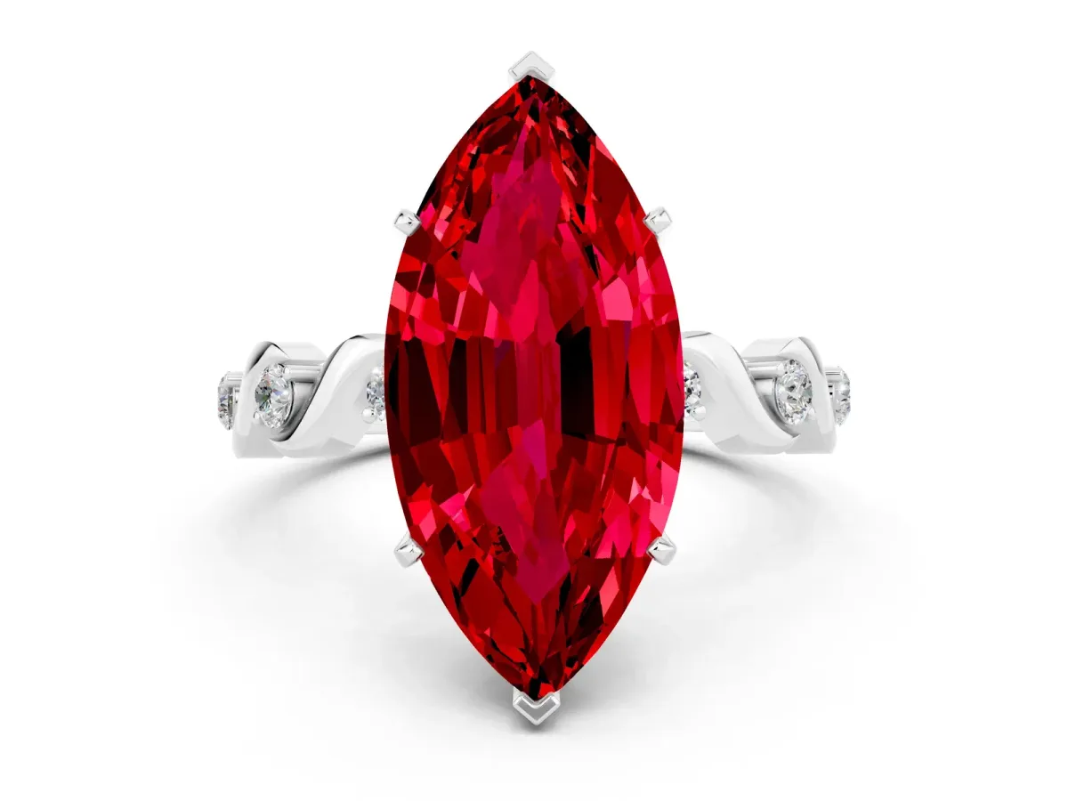 Marquise Cut Ruby Solitaire Twisted Band with Round Accents and Prong Setting Platinum