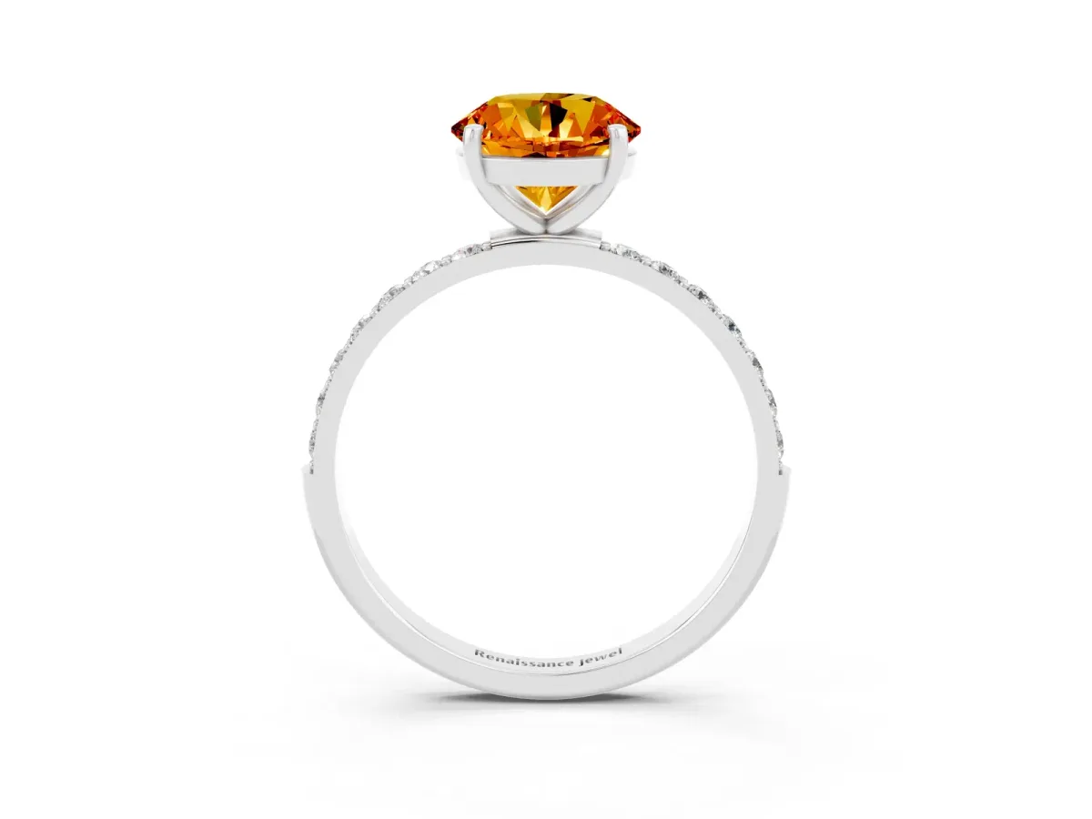 Round Cut Citrine Solitaire Ring with Round Pavé Band and Prong Setting Platinum