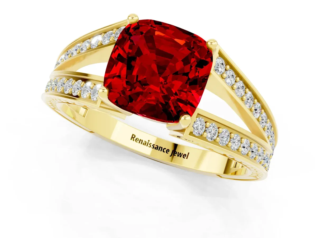 Cushion Cut Ruby Split Shank Ring with Pavé Band and Four-Prong Setting Yellow gold