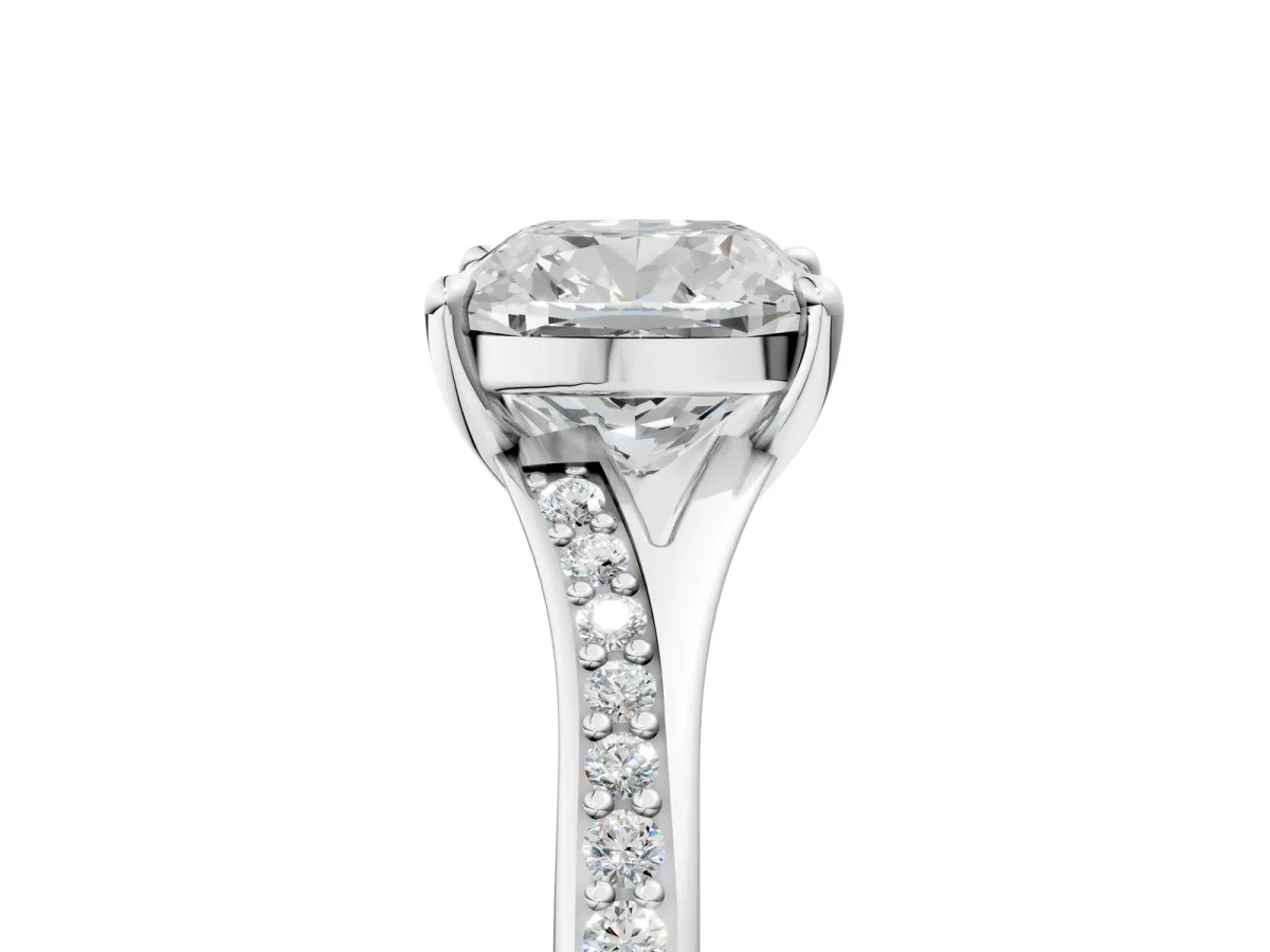 Cushion Cut Diamond Solitaire Ring with Pavé Band and Prong Setting Silver
