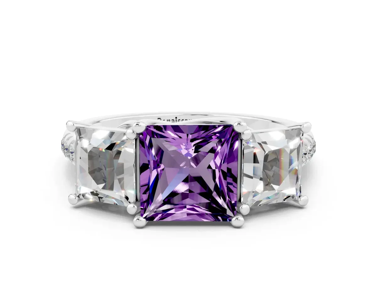 Three-Stone Princess Cut Amethyst Ring with Round Pavé Band and Prong Setting Silver