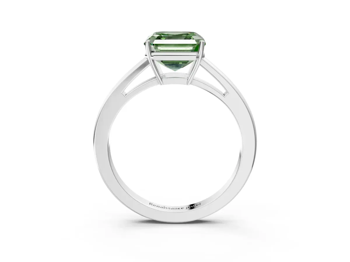Fancy Green Asscher Cut Solitaire Diamond Ring with Split Shank and Four-Prong Setting Platinum