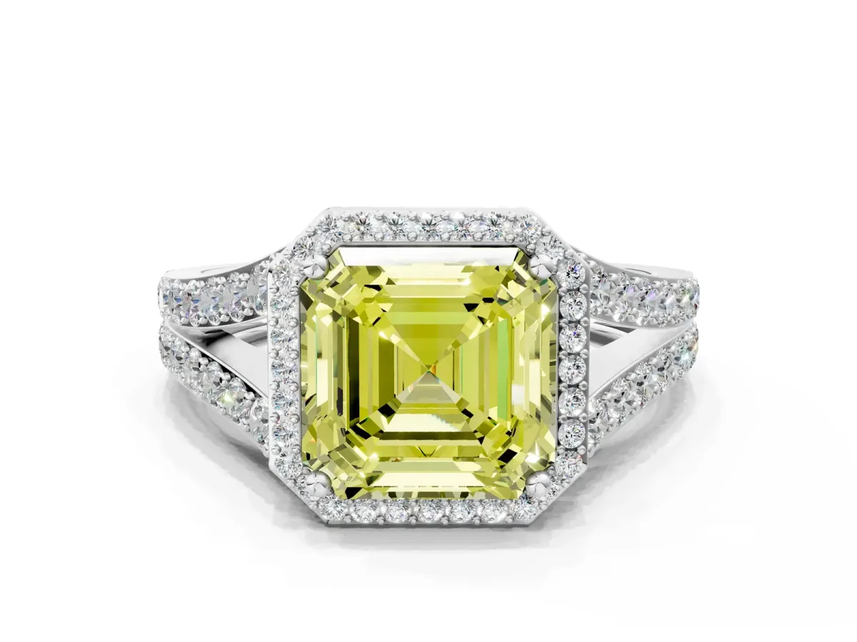 Fancy Yellow Asscher Cut Diamond Split Shank Halo Ring with Four-Prong Setting Platinum