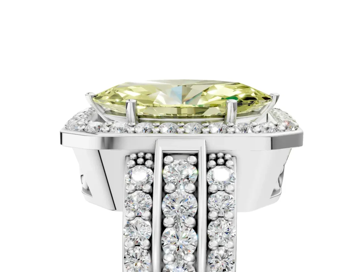Fancy Yellow Marquise Cut Halo Diamond Ring with Round Split Shank and Prong Setting Platinum