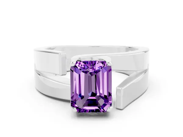 Modern Tension Set Emerald Cut Amethyst Solitaire Wide Band Ring Platinum