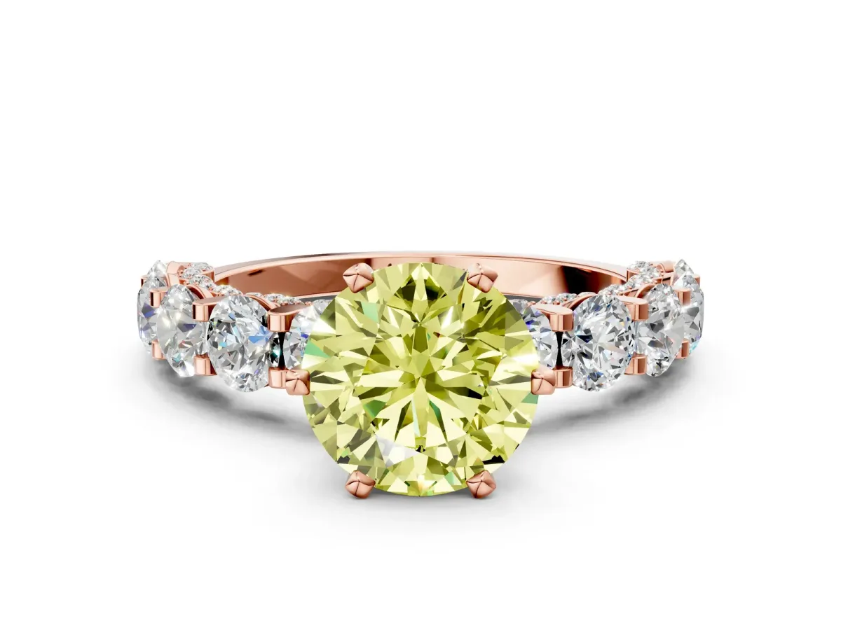 Fancy Yellow Round Cut Diamond Side Stone Engagement Ring with Four-Prong Setting Rose gold