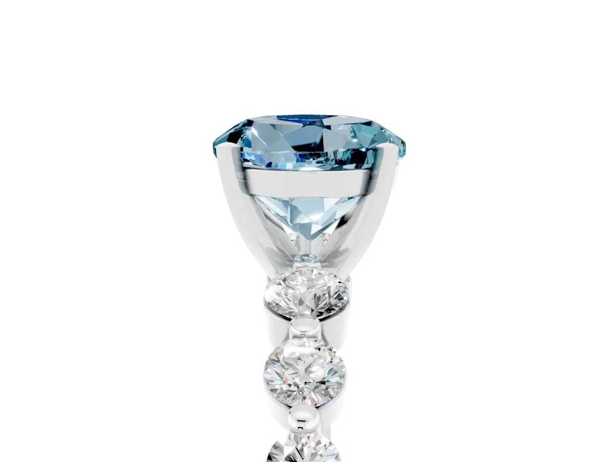 Round Cut Solitaire Aquamarine Ring with Pave Band and Four-Prong Setting Silver