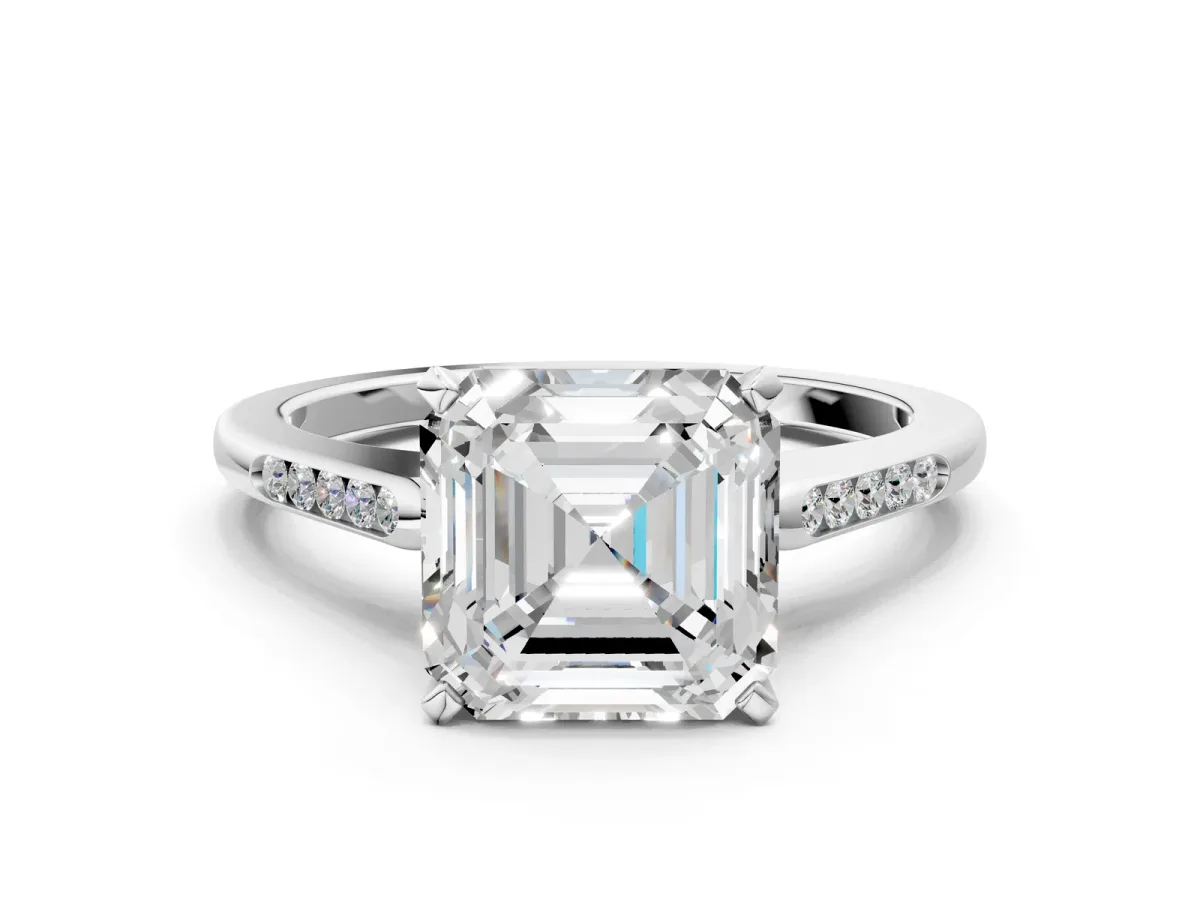 Asscher Cut Diamond Solitaire Ring with Channel Set Round Band and Prong Setting Silver