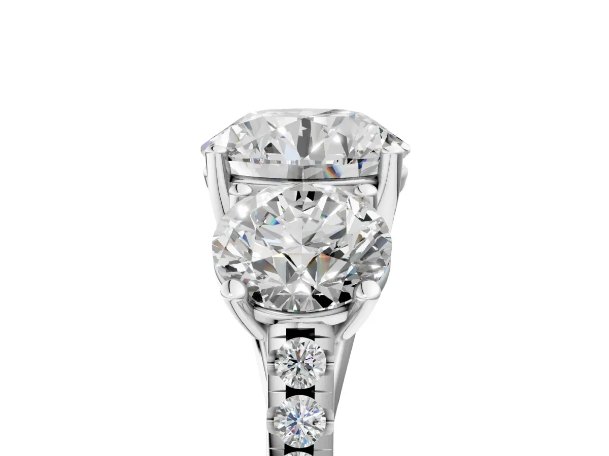 Three-Stone Round Cut Diamond Ring with Round Pavé Band and Prong Setting Silver