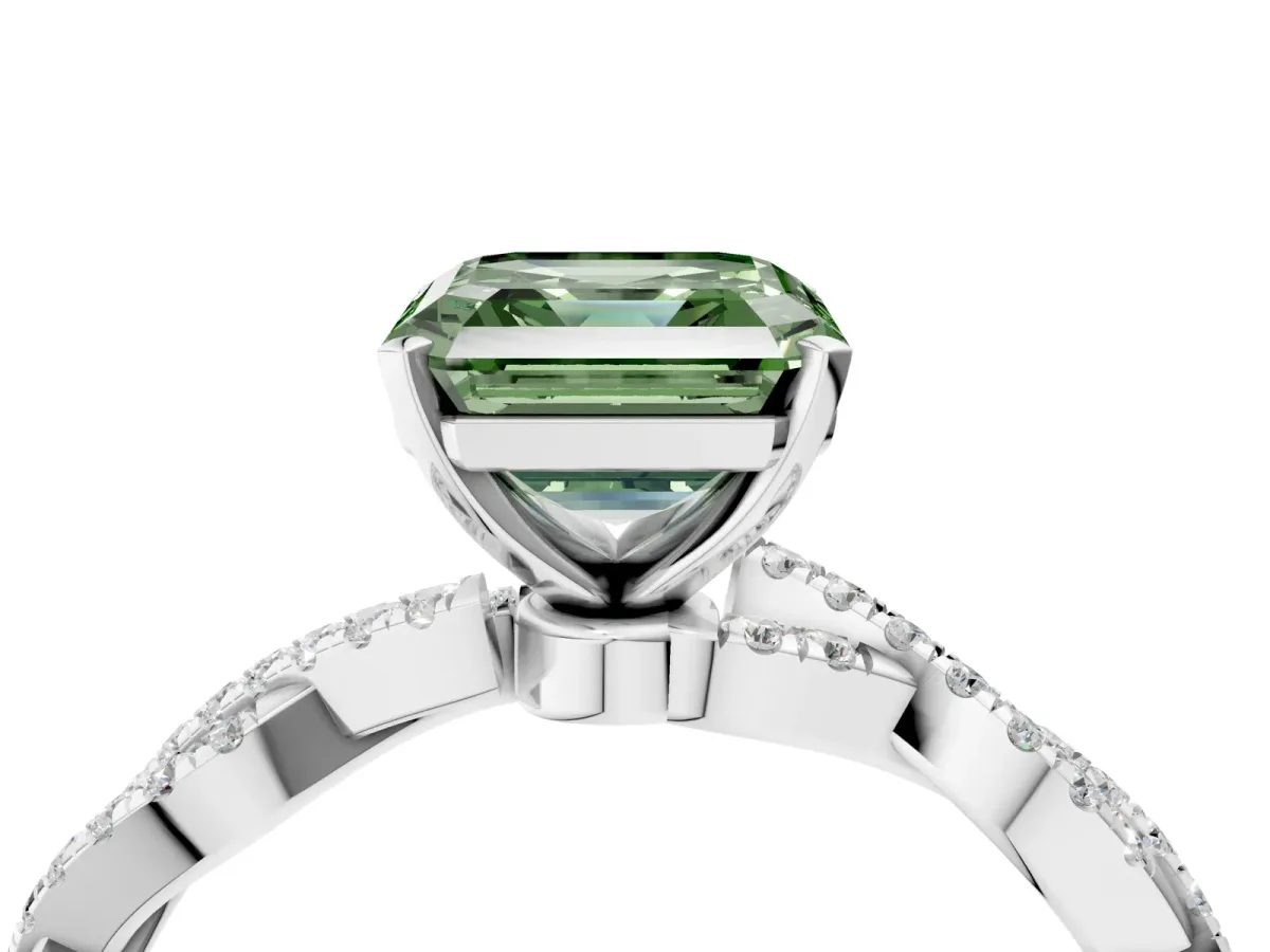Fancy Green Asscher Cut Solitaire Twisted Pave Band with Four-Prong Setting Platinum