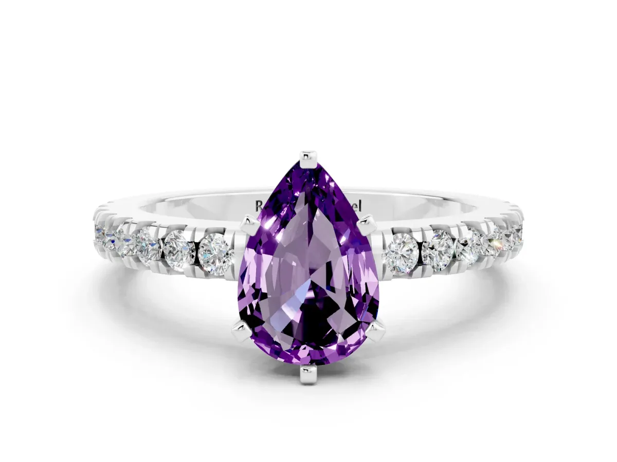 Pear Cut Solitaire Amethyst with Pavé Band and Four-Prong Setting Platinum