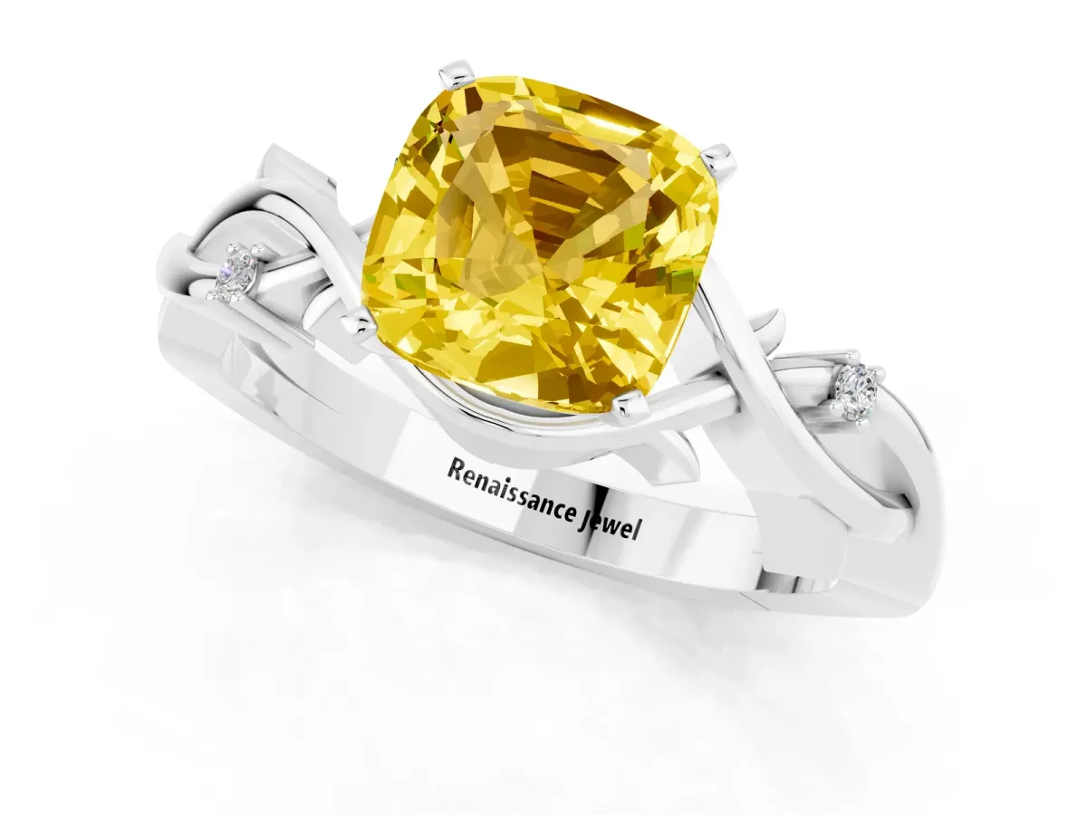 Cushion Cut Yellow Sapphire Solitaire Ring with Twisted Band and Prong Setting Silver