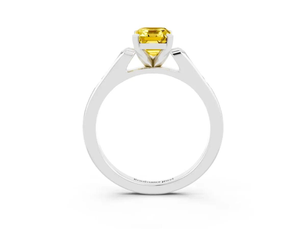 Emerald Cut Yellow Sapphire Solitaire Ring with Channel Set Round Band and Prong Setting Silver