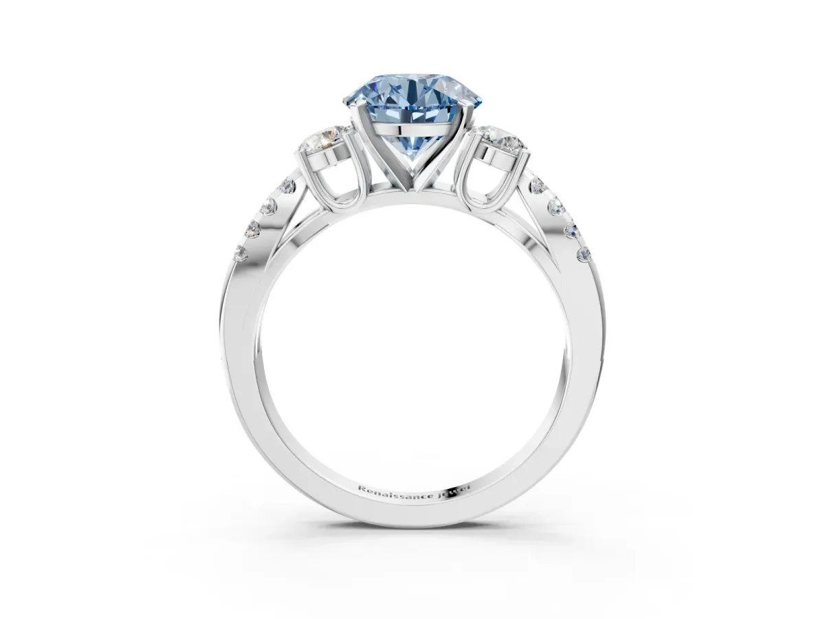 Fancy Blue Round Cut Diamond Three-Stone Ring with Pavé Split Shank and Four-Prong Setting Silver