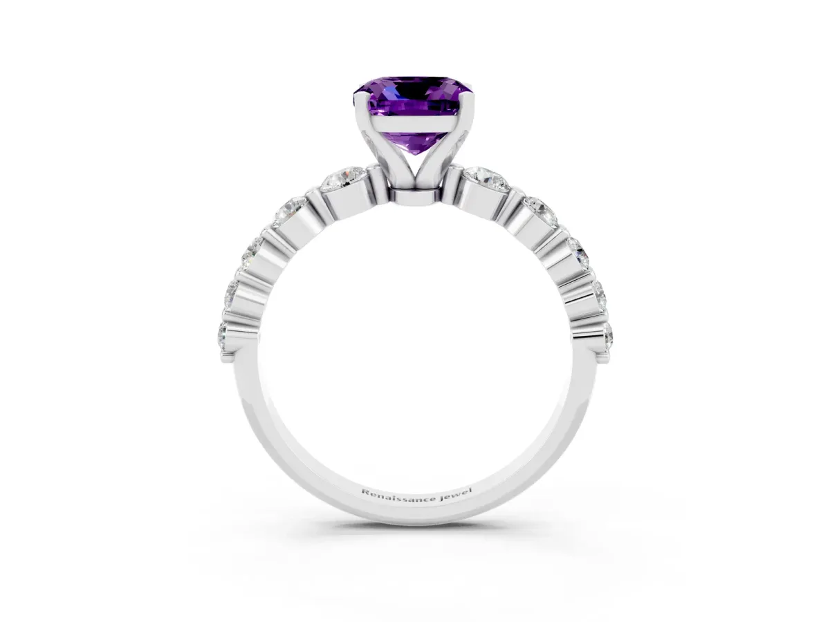 Cushion Cut Solitaire Amethyst Ring with Pave Band and Four-Prong Setting Platinum
