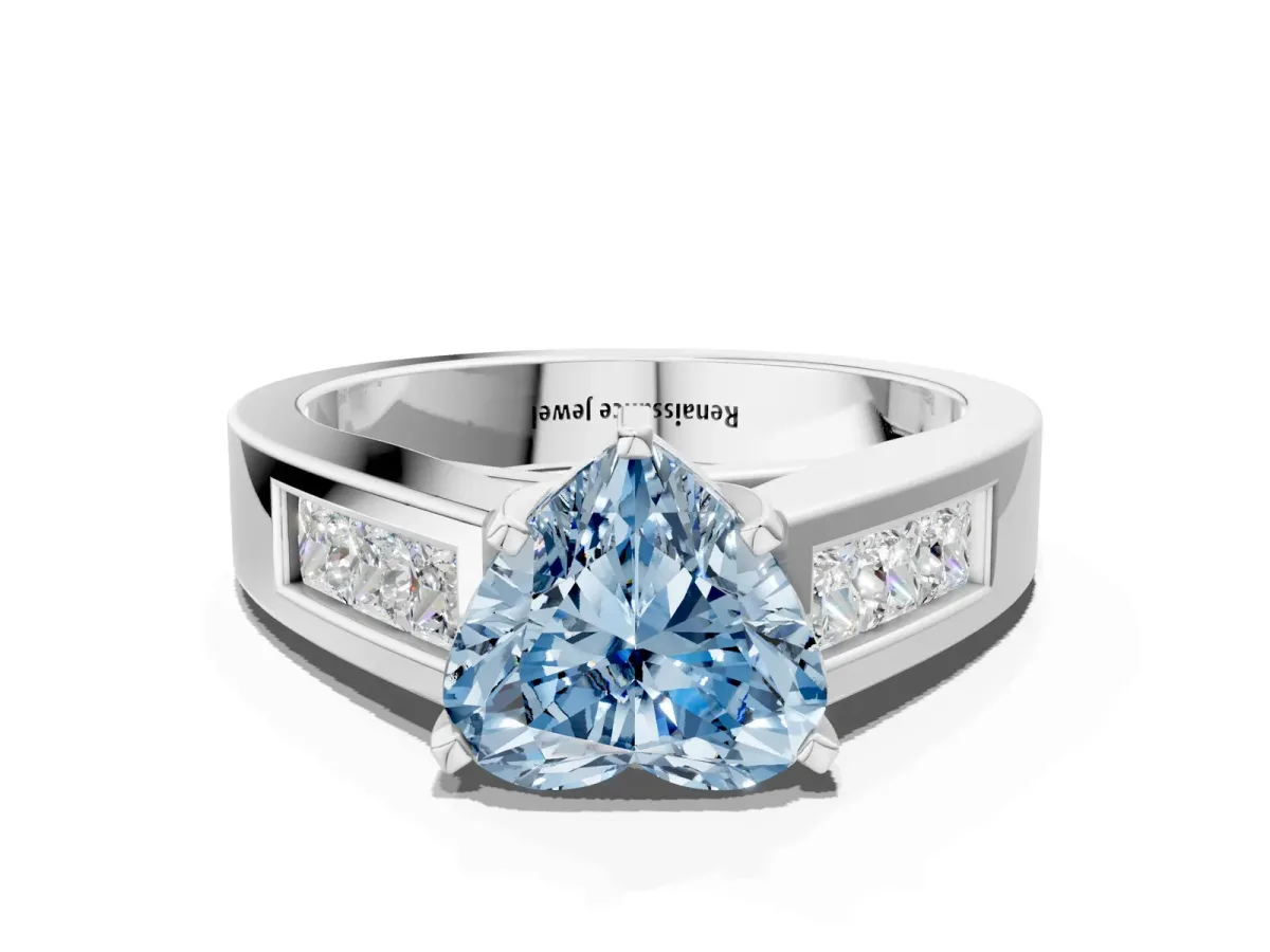 Fancy Blue Heart Cut Cut Channel Set Solitaire Ring with Four-Prong Setting Platinum