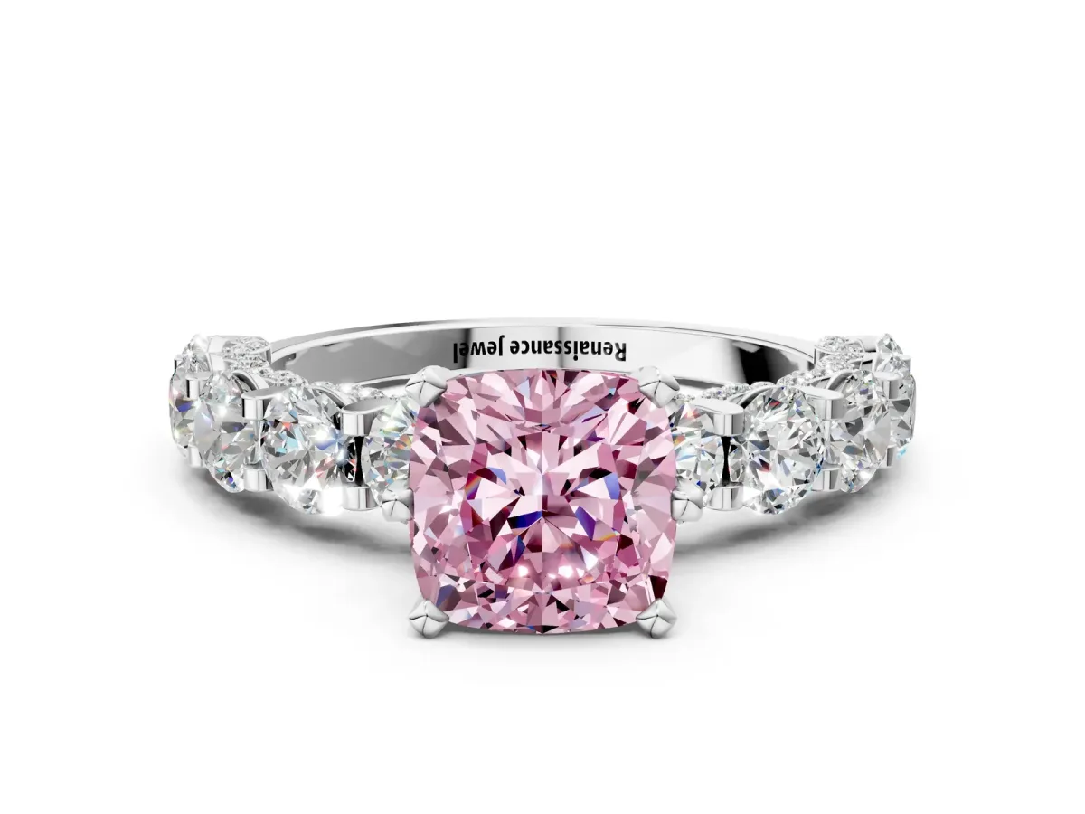 Fancy Pink Cushion Cut Diamond Side Stone Engagement Ring with Four-Prong Setting White gold