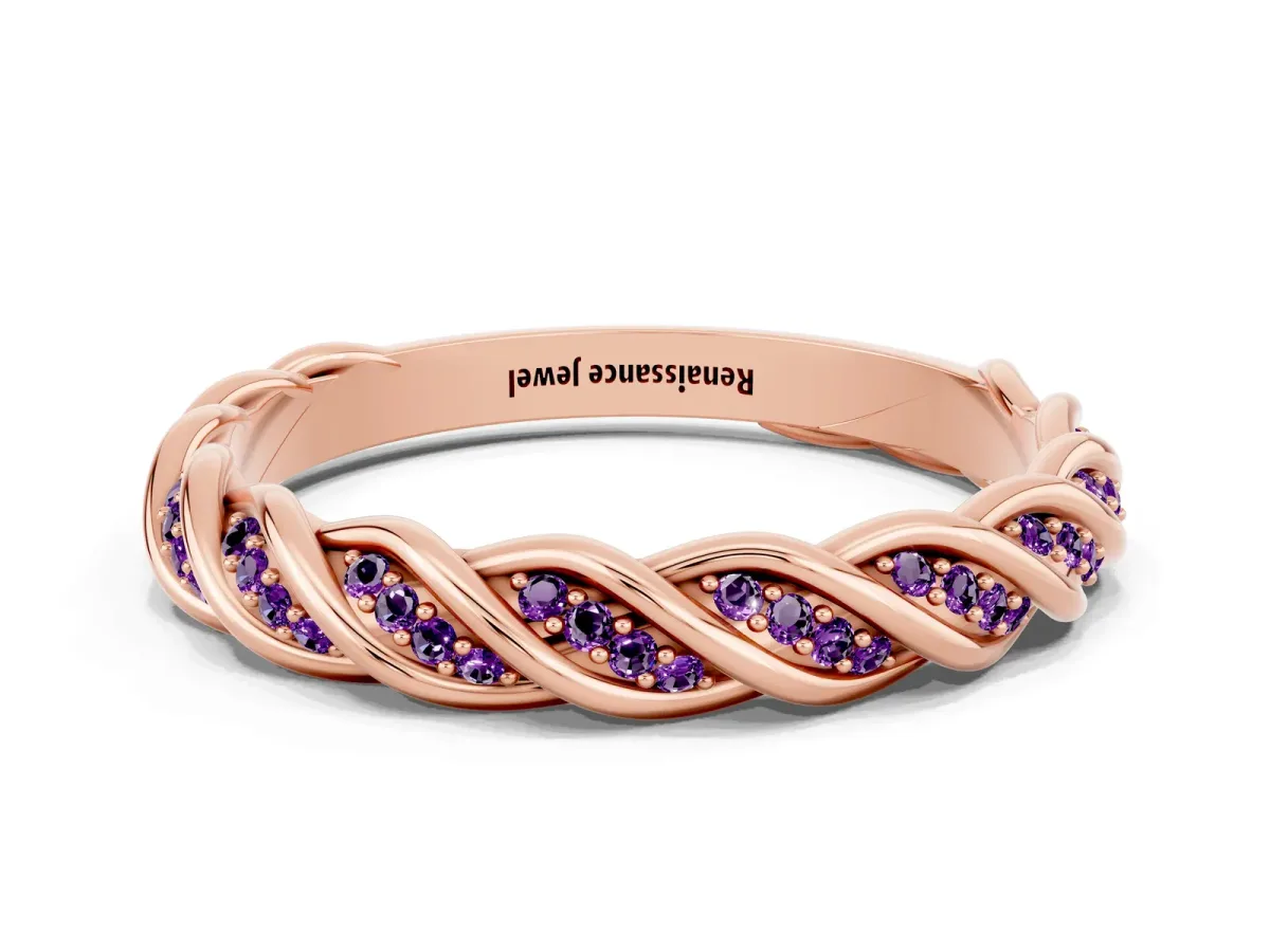 Twisted Pavé Round Amethyst Eternity Band with Shared Prong Setting Rose gold