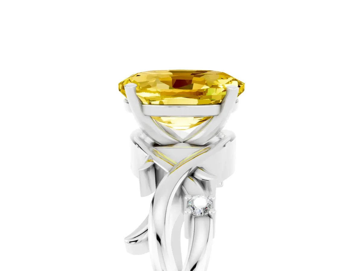 Oval Cut Yellow Sapphire Solitaire Ring with Twisted Band and Prong Setting Platinum