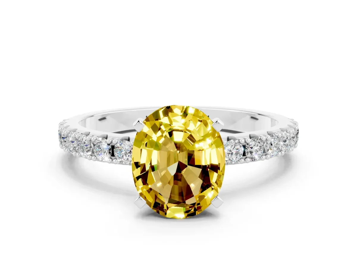 Oval Cut Yellow Sapphire Solitaire Pavé Band with Four-Prong Setting Silver