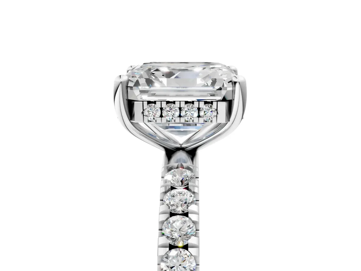 Asscher Cut Diamond Pave Band Solitaire Ring with Round and Prong Setting Silver
